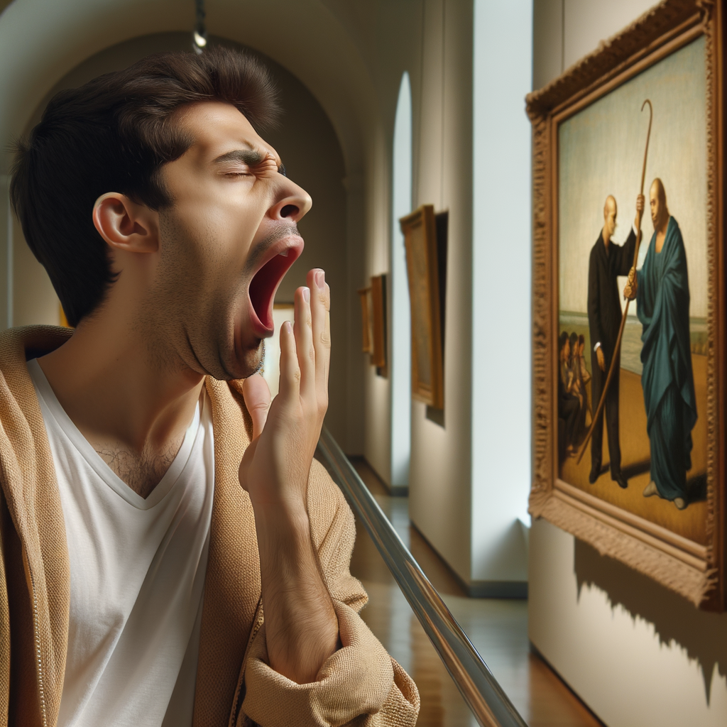 Quando un'opera d'arte è considerata NOIOSA? un uomo che si annoia e dsbadiglia davanti un'opera al museo in raw photo